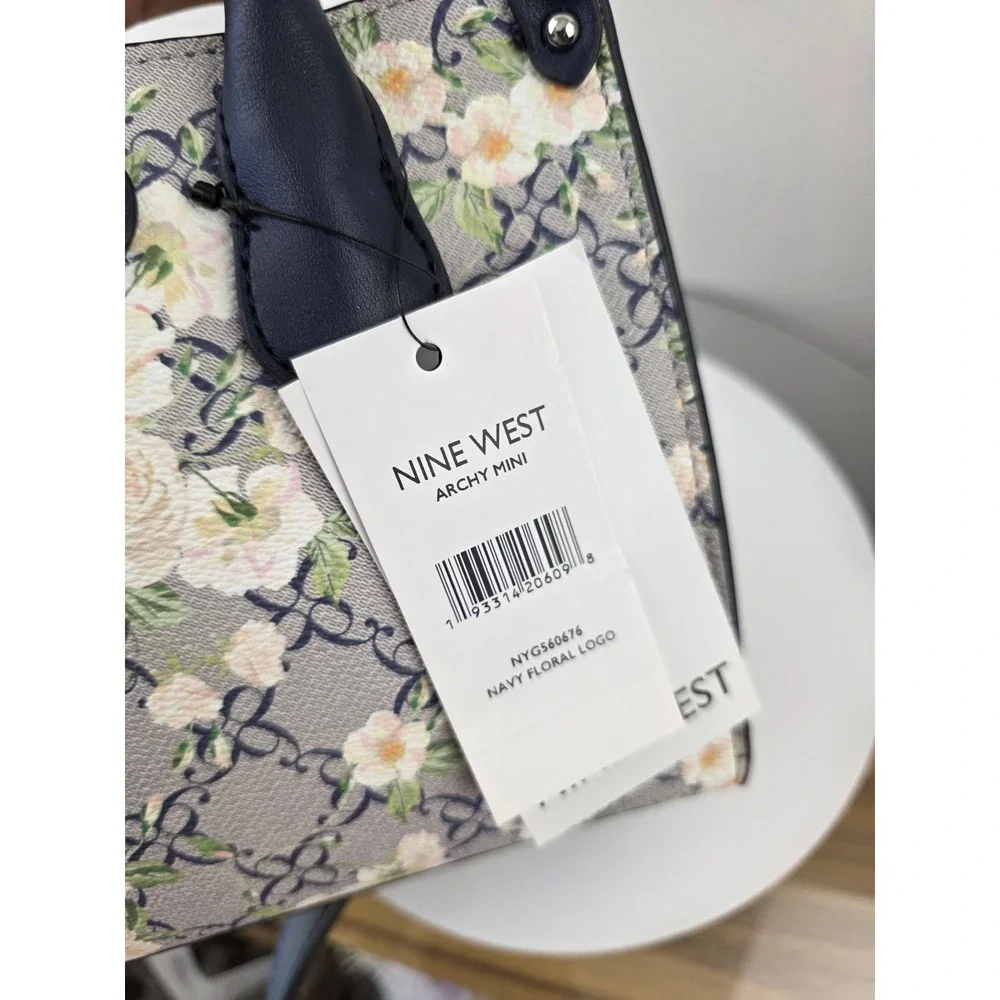 Nine West Archy Mini Satchel Navy Floral Logo Crossbody Bag  Flawed Poor